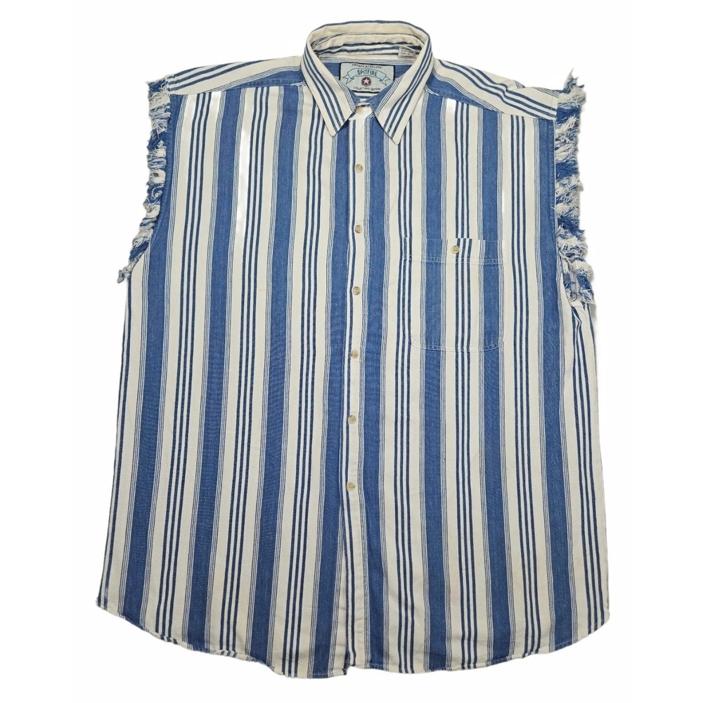 Spitfire Denim Attitude Shirt Mens XL Blue White Stripe Sleeveless Frayed Cutoff